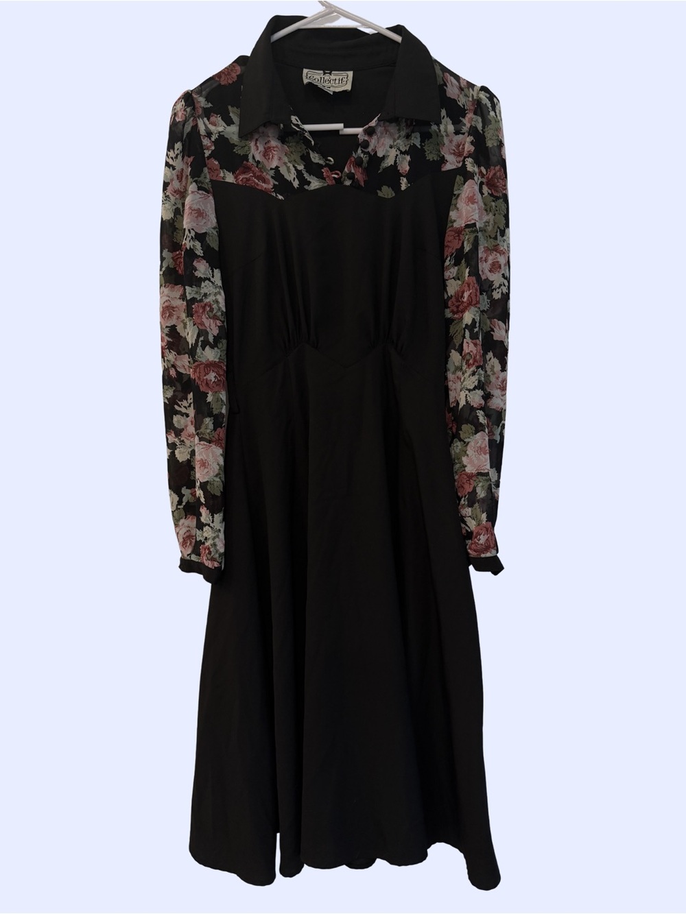 Collectif London Black Midi Dress with Floral Long Sleeves